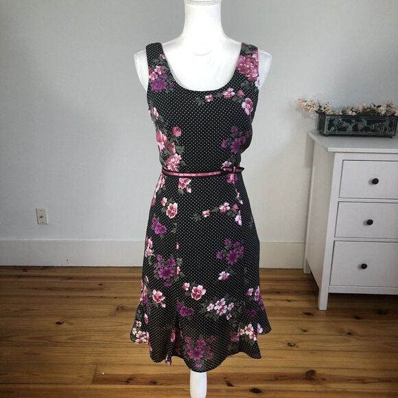 Vtg 90s Y2K K Petite Chiffon Black Polka Dot Dress 6P Pink Floral A Line Flirty - Picture 1 of 12